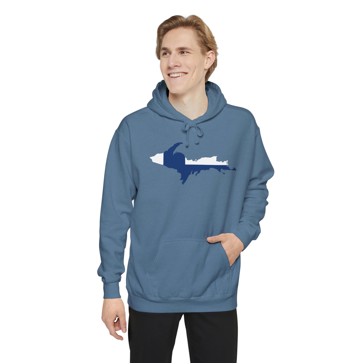 Michigan Upper Peninsula Hoodie (w/ UP Finland Flag Outline) | Unisex Garment-Dyed