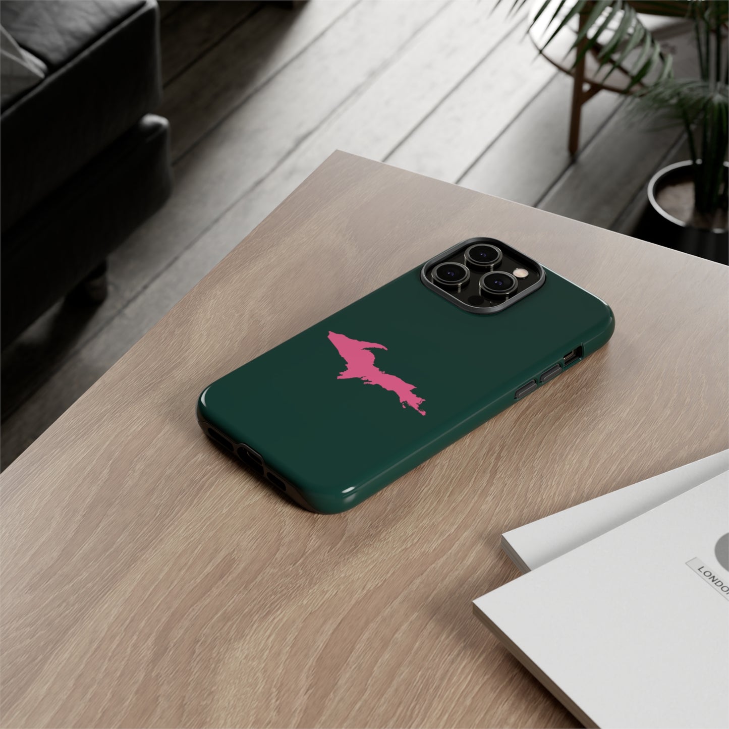 Michigan Upper Peninsula Tough Phone Case (Green w/ Pink UP Outline) | Apple iPhone