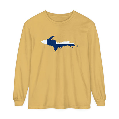 Michigan Upper Peninsula Garment-Dyed T-Shirt (w/ UP Finland Flag Outline) | Unisex Long Sleeve