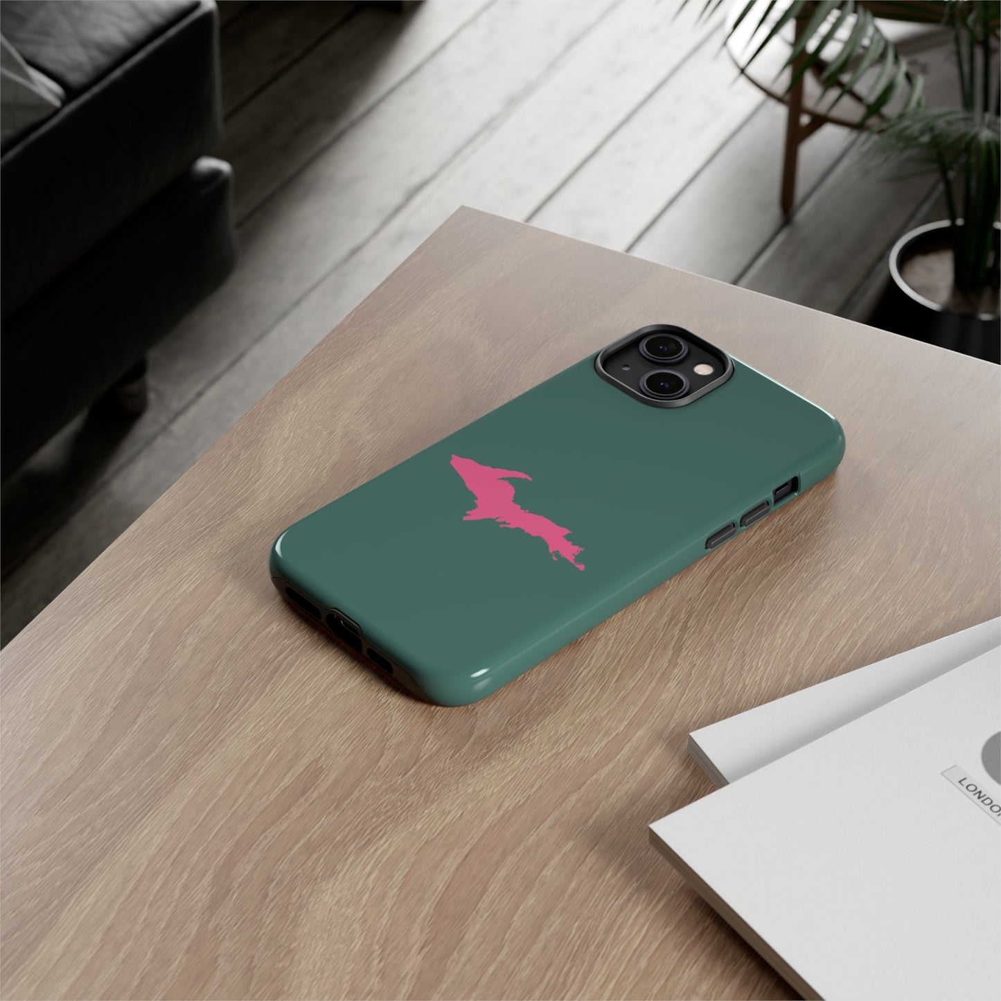 Michigan Upper Peninsula Tough Phone Case (Copper Green w/ Pink UP Outline) | Apple iPhone