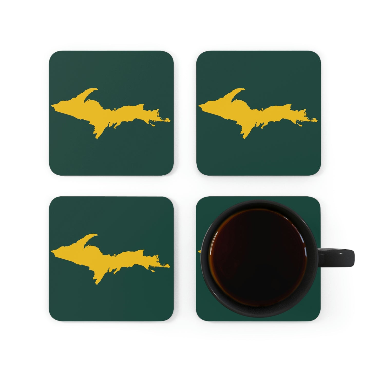 Michigan Upper Peninsula Coaster Set (Green w/ Gold UP Outline) | Corkwood - 4 pack