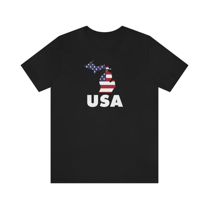 Michigan 'USA' T-Shirt (Geometric Sans Font w/ MI USA Flag Outline) | Unisex Standard Fit