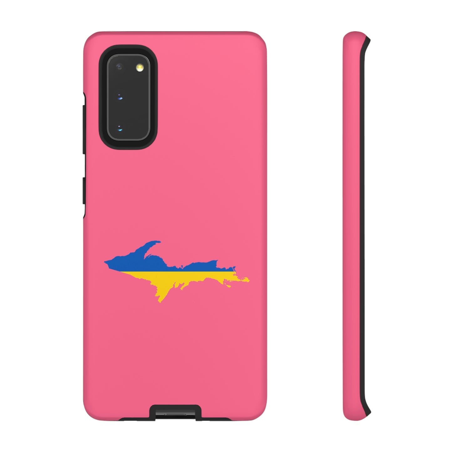 Michigan Upper Peninsula Tough Phone Case (Rhodochrosite Pink w/ UP Ukraine Flag Outline) | Samsung & Pixel Android