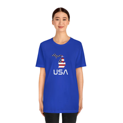 Michigan 'USA' T-Shirt (Space Agency Font w/ MI USA Flag Outline) | Unisex Standard Fit