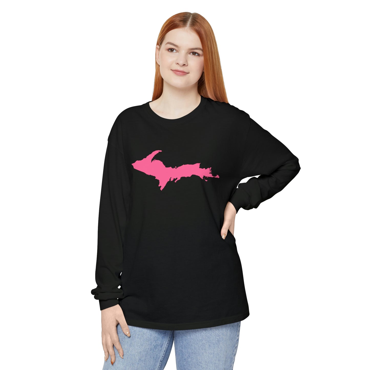 Michigan Upper Peninsula Garment-Dyed T-Shirt (w/ Pink UP Outline) | Unisex Long Sleeve