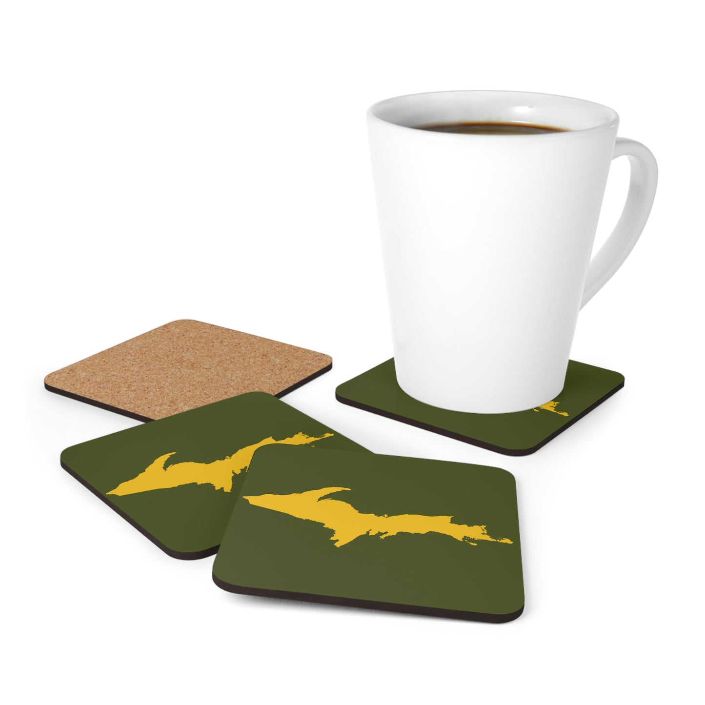 Michigan Upper Peninsula Coaster Set (Army Green w/ Gold UP Outline) | Corkwood - 4 pack