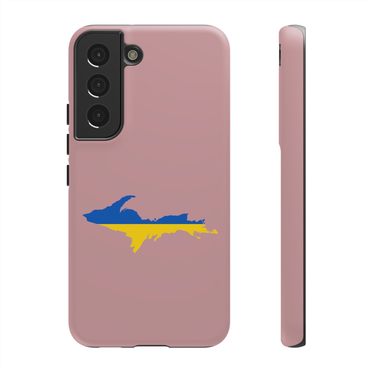 Michigan Upper Peninsula Tough Phone Case (Cherry Blossom Pink w/ UP Ukraine Flag Outline) | Samsung & Pixel Android