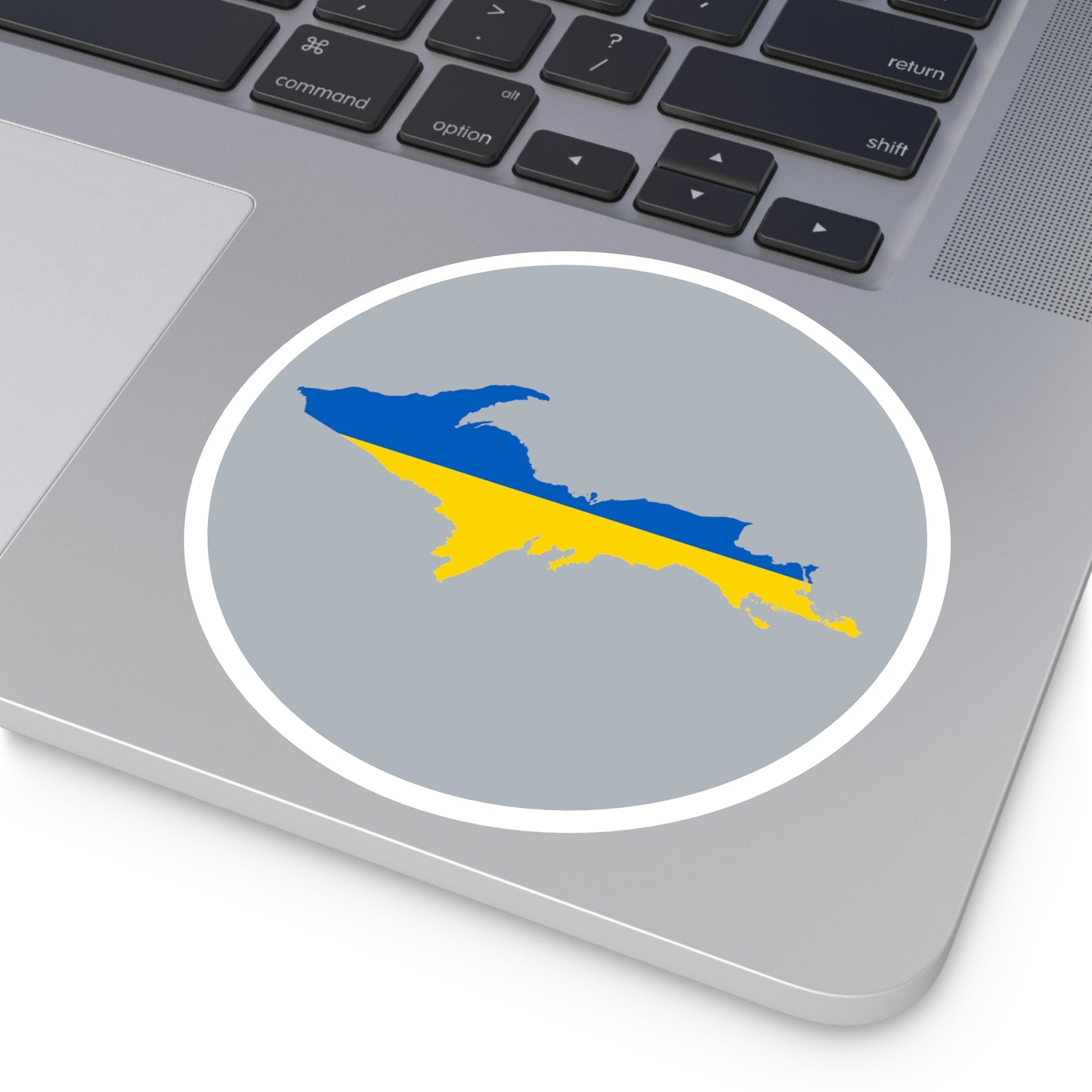 Michigan Upper Peninsula Round Stickers (Silver w/ UP Ukraine Flag Outline) | Indoor\Outdoor