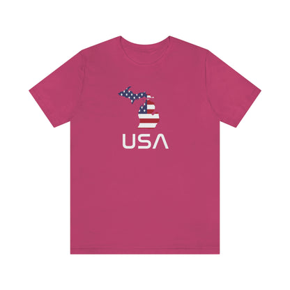 Michigan 'USA' T-Shirt (Space Agency Font w/ MI USA Flag Outline) | Unisex Standard Fit