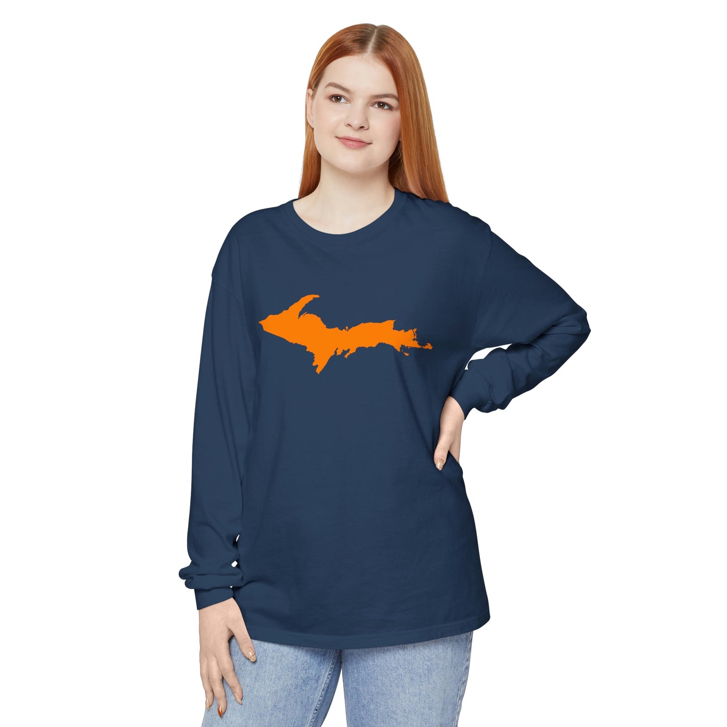 Michigan Upper Peninsula Garment-Dyed T-Shirt (w/ Orange UP Outline) | Unisex Long Sleeve