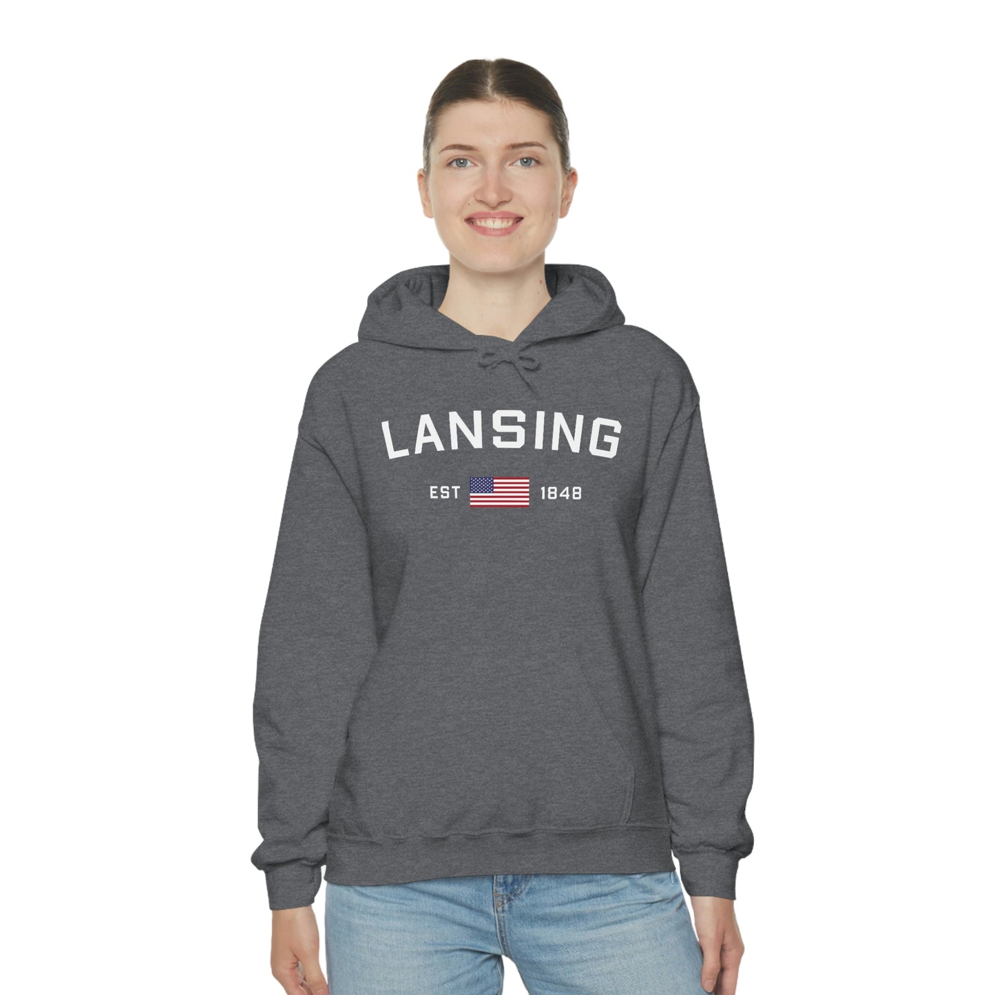 'Lansing EST 1848' Hoodie (w/USA Flag Outline) | Unisex Standard