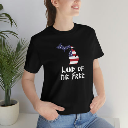 Michigan 'Land of the Free' T-Shirt (Tag Font w/ MI USA Flag Outline) | Unisex Standard Fit