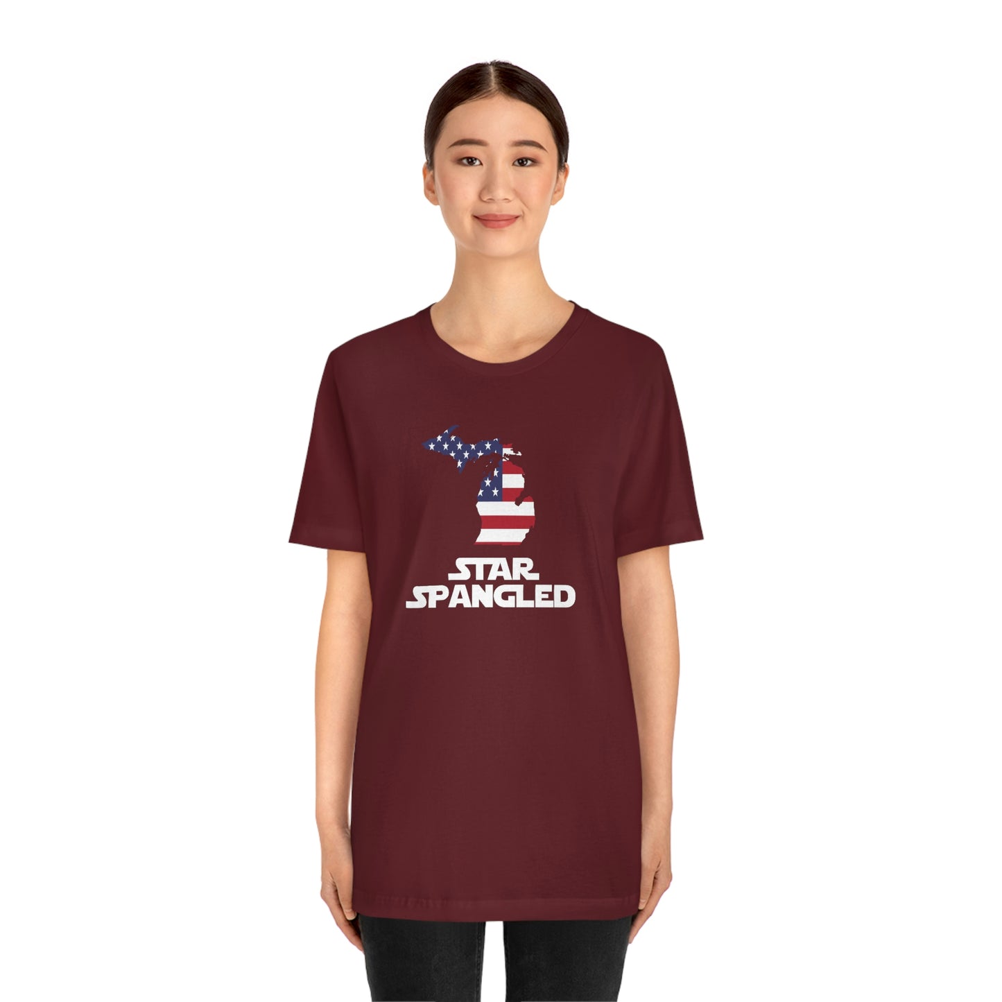 Michigan 'Star Spangled' T-Shirt (Epic Sci Fi Font w/ MI USA Flag Outline) | Unisex Standard Fit