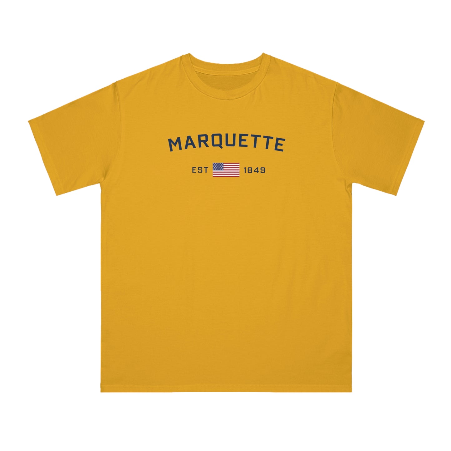 'Marquette EST 1849' T-Shirt (White/Navy Type w/ USA Flag | Organic Unisex