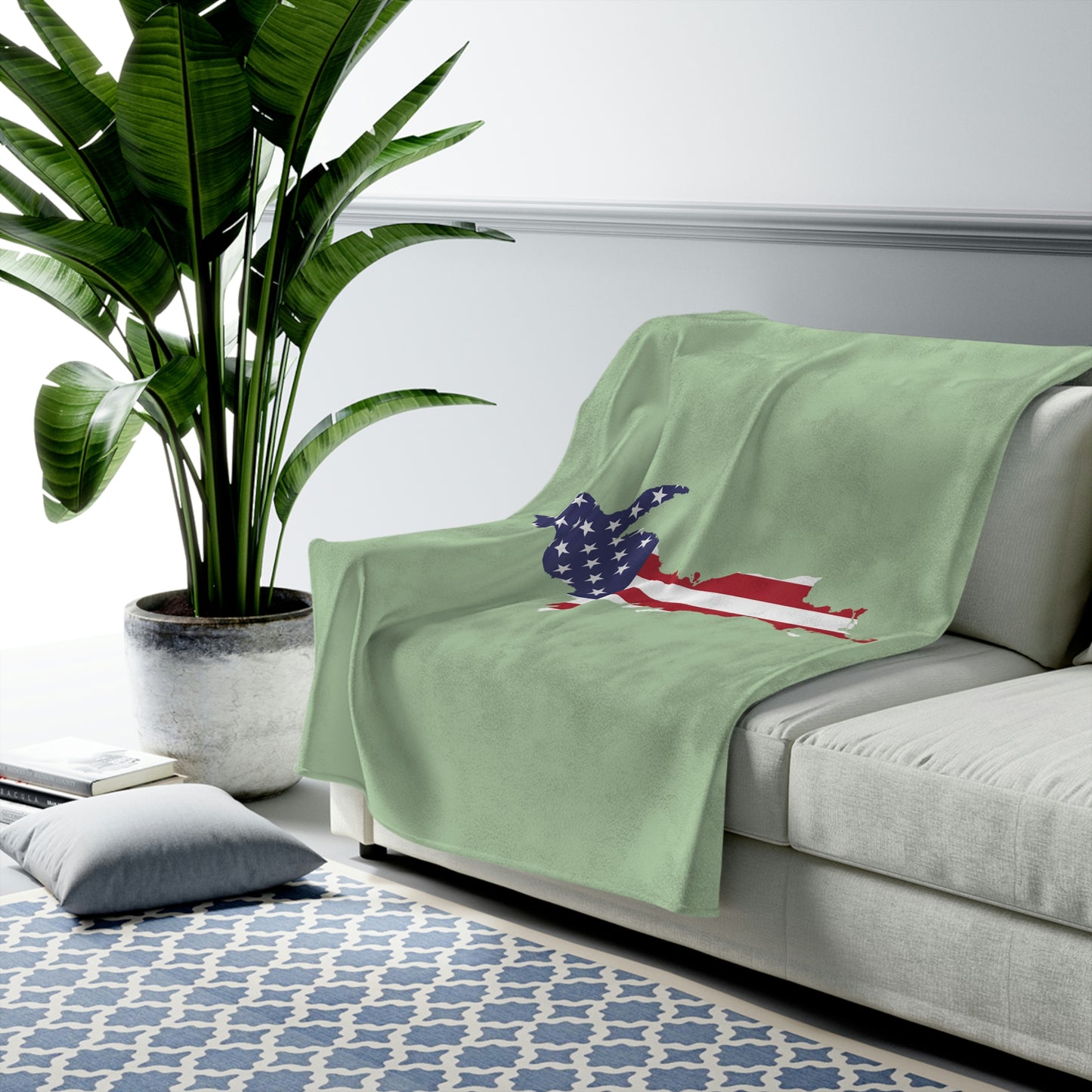 Michigan Upper Peninsula Plush Blanket (w/ UP USA Flag Outline) | Green Tea Color