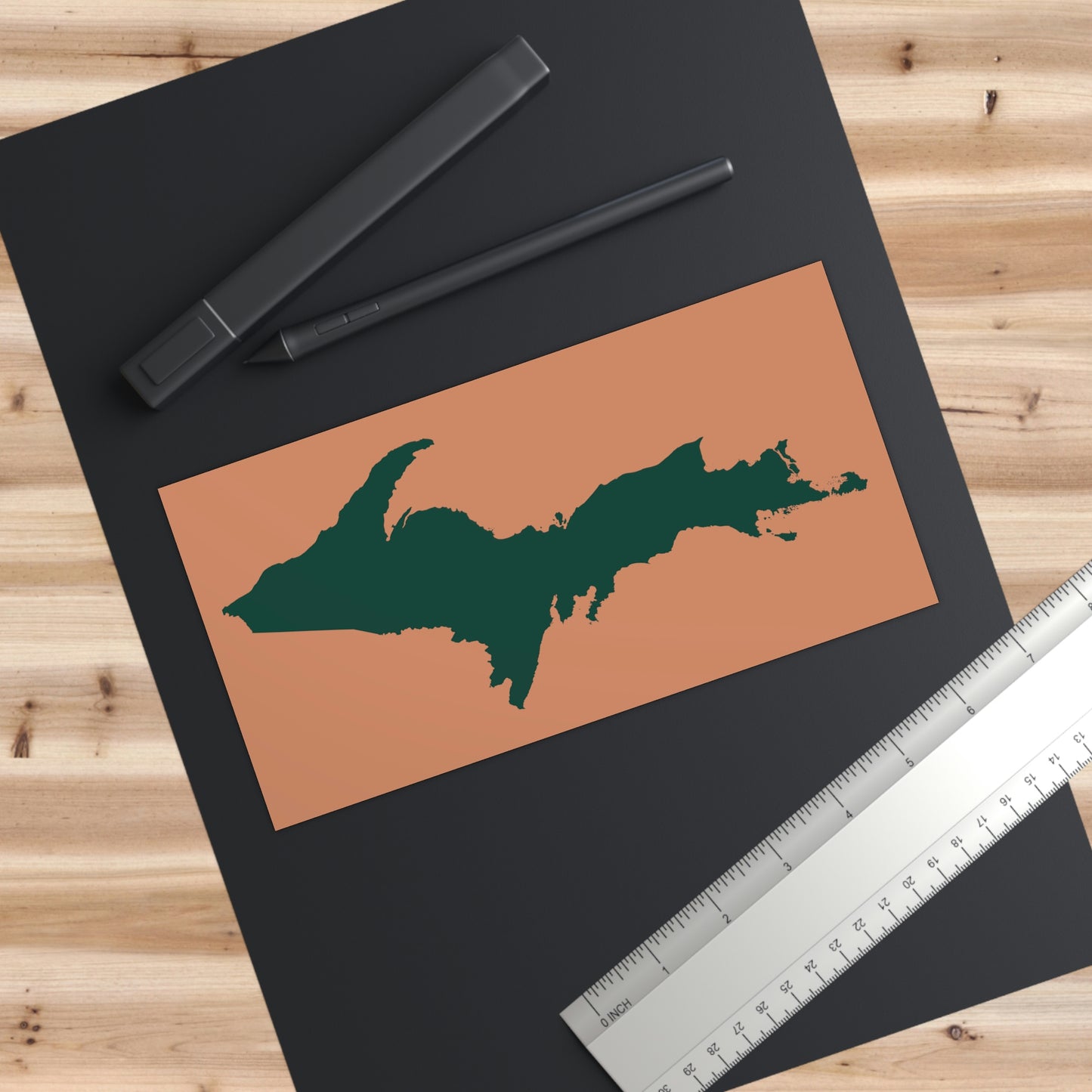 Michigan Upper Peninsula Bumper Sticker (w/ Green UP Outline) | Copper Color Background