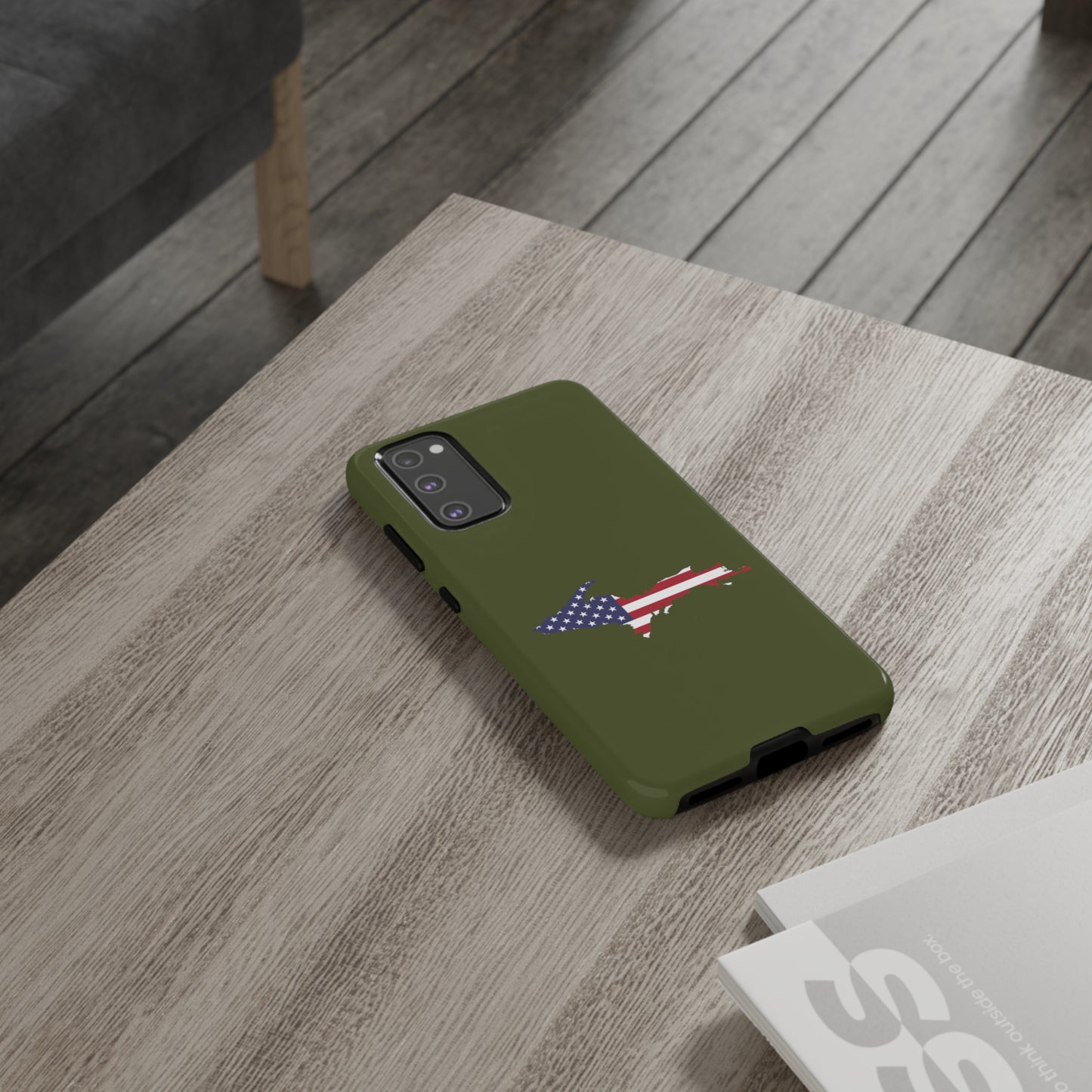 Michigan Upper Peninsula Tough Phone Case (Army Green w/ UP USA Flag Outline) | Samsung & Pixel Android