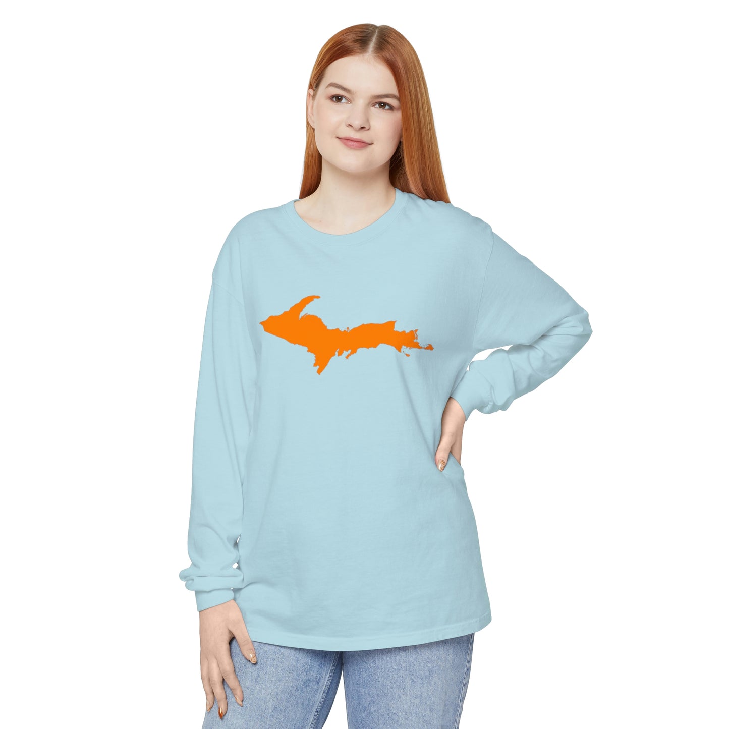 Michigan Upper Peninsula Garment-Dyed T-Shirt (w/ Orange UP Outline) | Unisex Long Sleeve