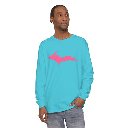 Michigan Upper Peninsula Garment-Dyed T-Shirt (w/ Pink UP Outline) | Unisex Long Sleeve