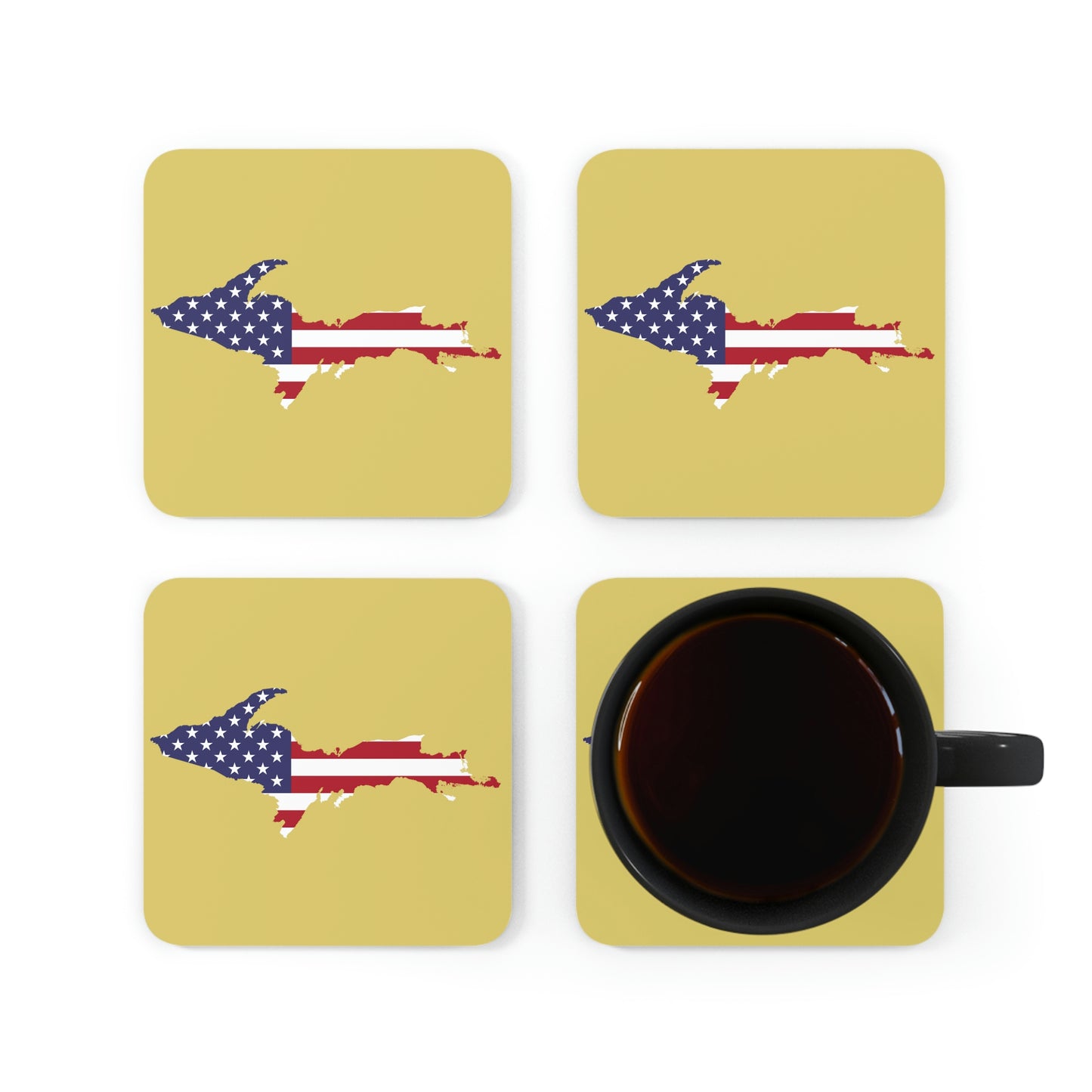 Michigan Upper Peninsula Coaster Set (Plum Yellow w/ UP USA Flag Outline) | Corkwood - 4 pack