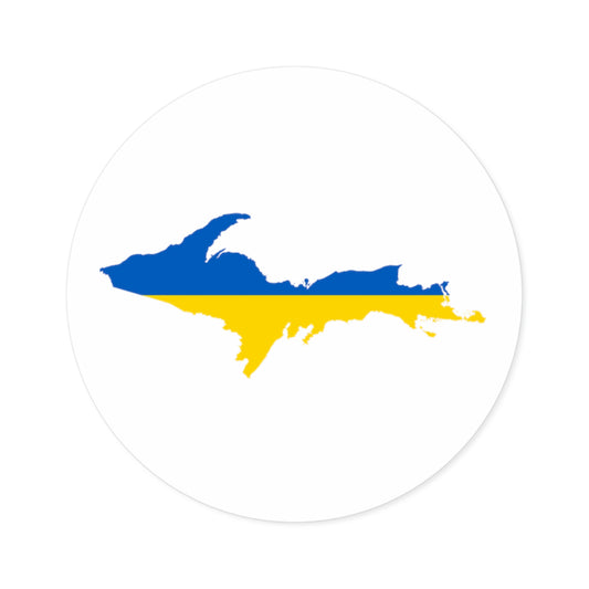 Michigan Upper Peninsula Round Stickers (w/ UP Ukraine Flag Outline) | Indoor\Outdoor