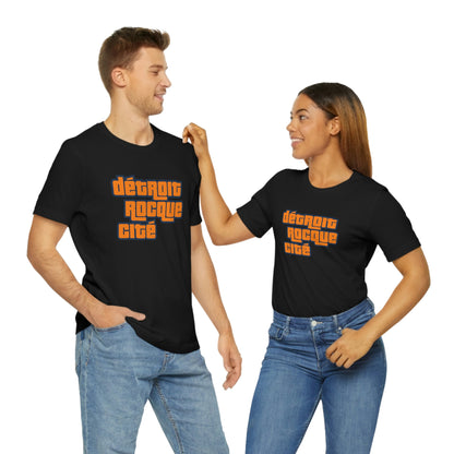 'Détroit Rocque Cité' T-Shirt (Orange Automotive Crime Parody) | Unisex Standard Fit