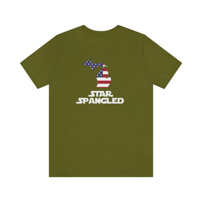 Michigan 'Star Spangled' T-Shirt (Epic Sci Fi Font w/ MI USA Flag Outline) | Unisex Standard Fit