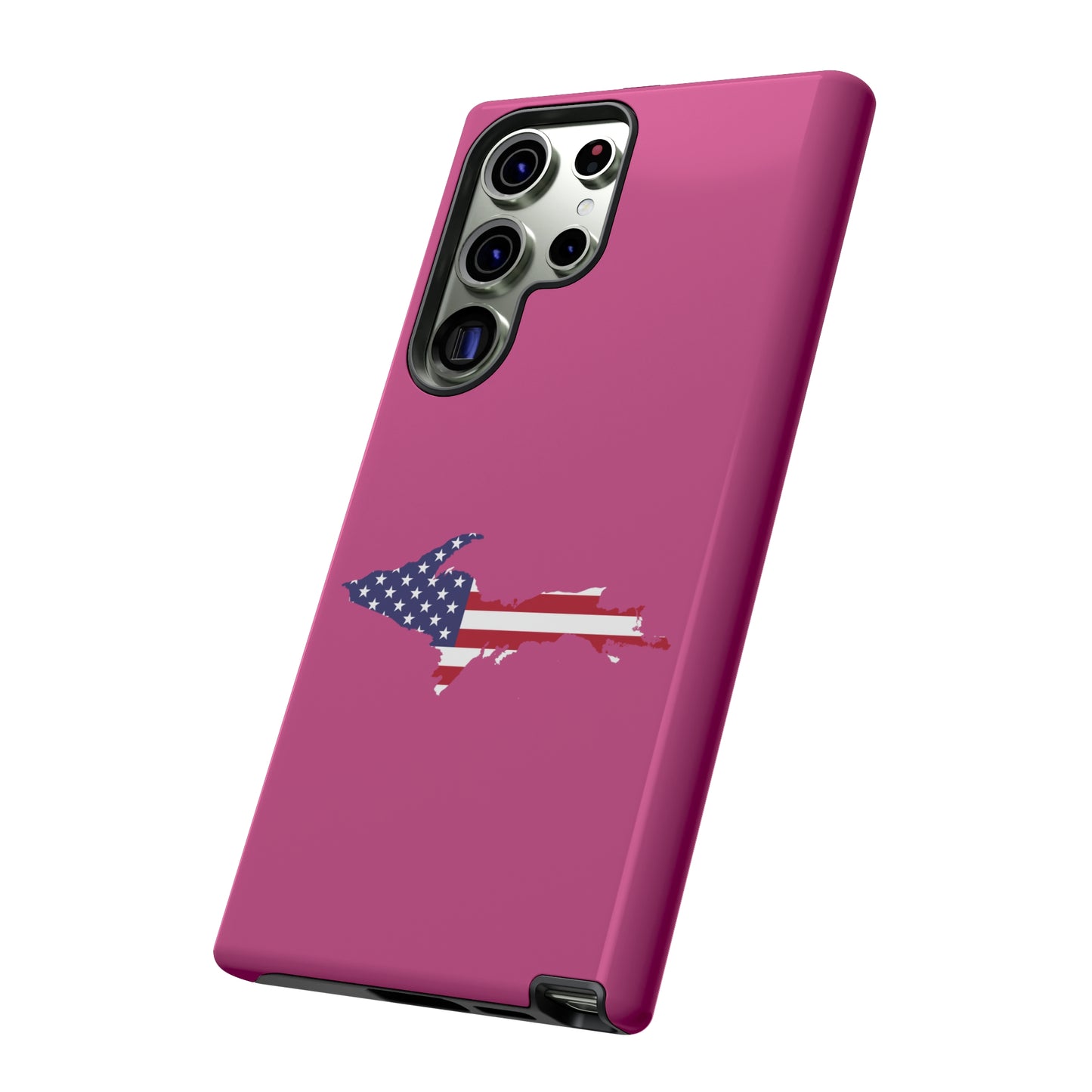 Michigan Upper Peninsula Tough Phone Case (Apple Blossom Pink w/ UP USA Flag Outline) | Samsung & Pixel Android