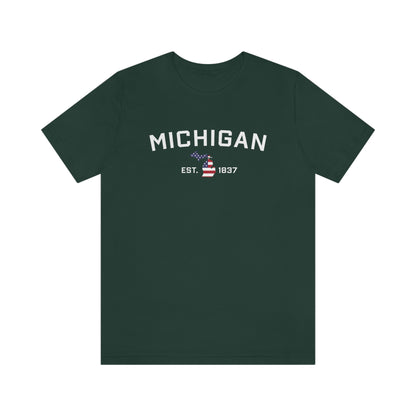 'Michigan EST 1837'' T-Shirt (w/ MI USA Flag Outline) | Unisex Standard Fit