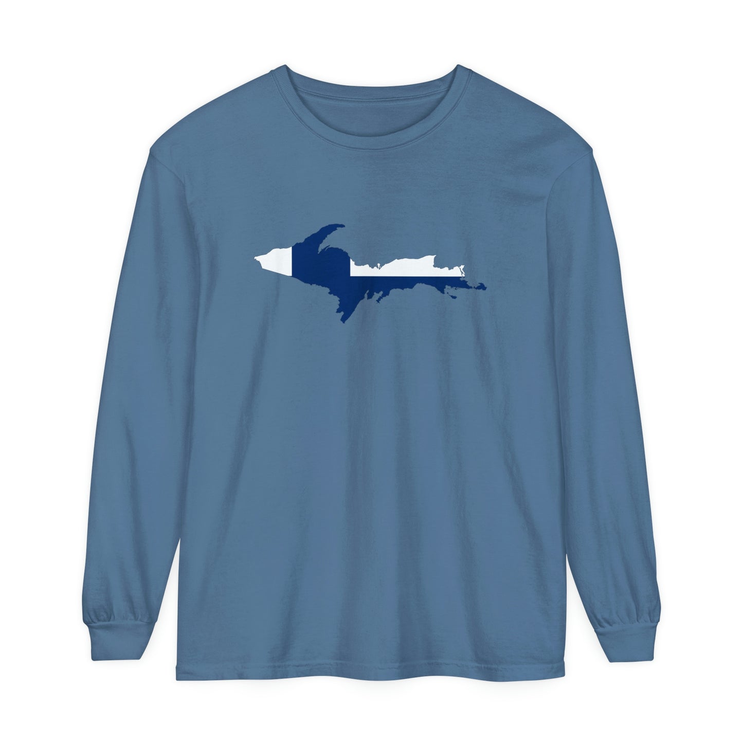 Michigan Upper Peninsula Garment-Dyed T-Shirt (w/ UP Finland Flag Outline) | Unisex Long Sleeve