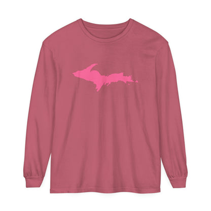 Michigan Upper Peninsula Garment-Dyed T-Shirt (w/ Pink UP Outline) | Unisex Long Sleeve