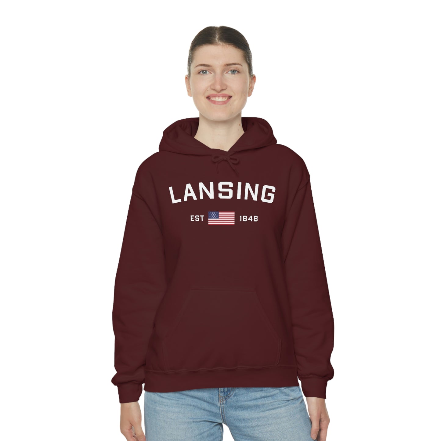 'Lansing EST 1848' Hoodie (w/USA Flag Outline) | Unisex Standard