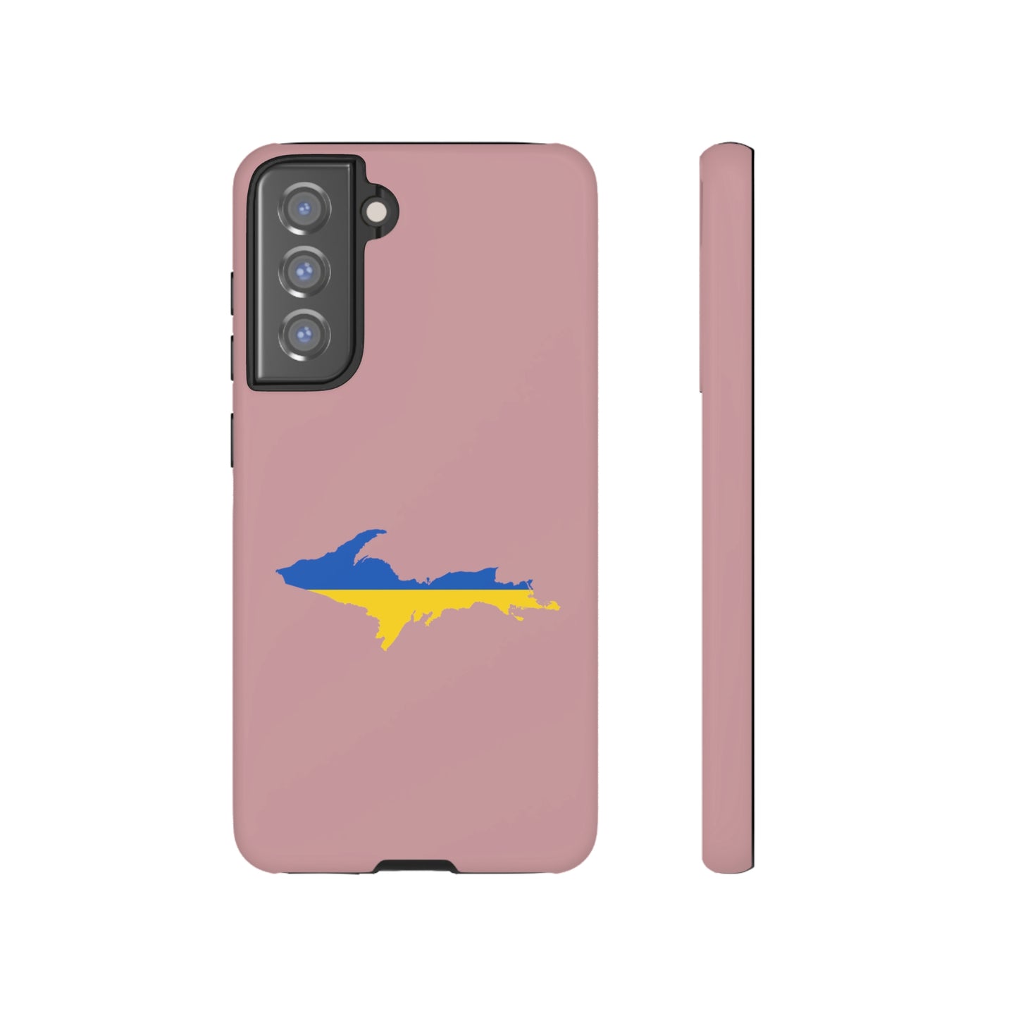 Michigan Upper Peninsula Tough Phone Case (Cherry Blossom Pink w/ UP Ukraine Flag Outline) | Samsung & Pixel Android