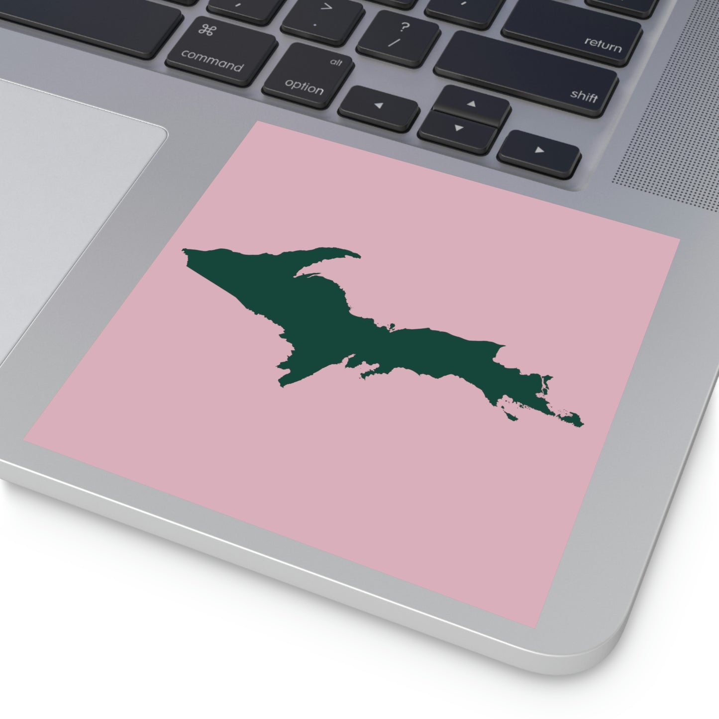 Michigan Upper Peninsula Square Sticker (Pink w/ Green UP Outline) | Indoor/Outdoor