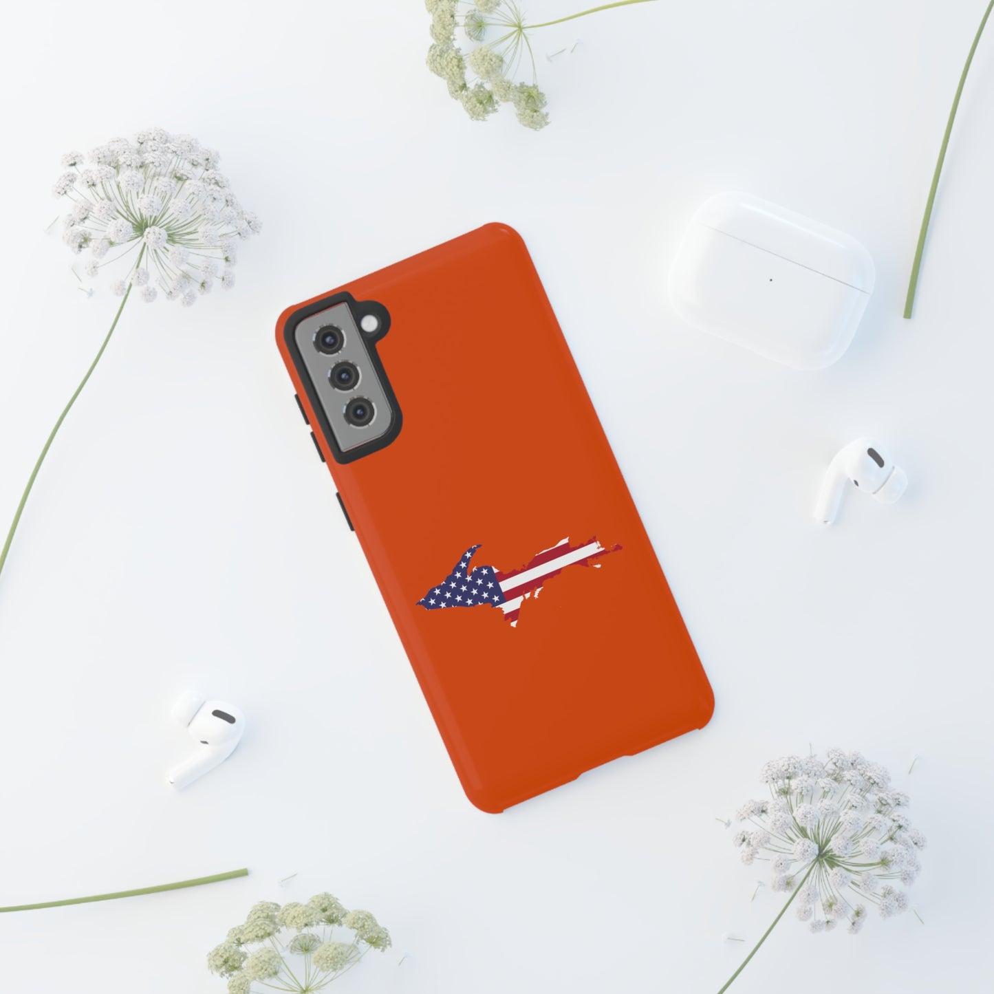 Michigan Upper Peninsula Tough Phone Case (Maple Leaf Orange w/ UP USA Flag Outline) | Samsung & Pixel Android