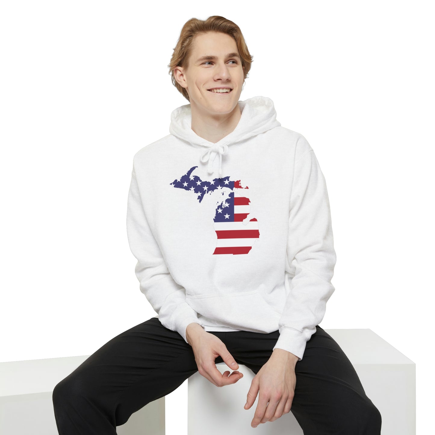 Michigan Upper Peninsula Hoodie (w/ MI USA Flag Outline) | Unisex Garment-Dyed