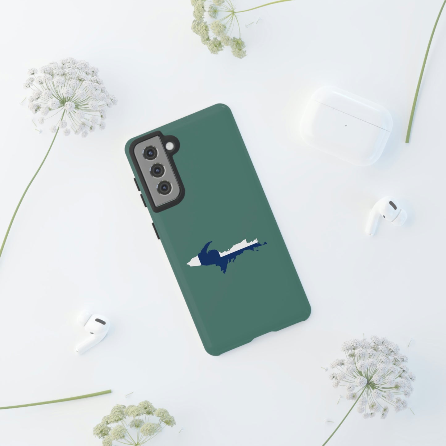 Michigan Upper Peninsula Tough Phone Case (Copper Green w/ UP Finland Flag Outline) | Samsung & Pixel Android