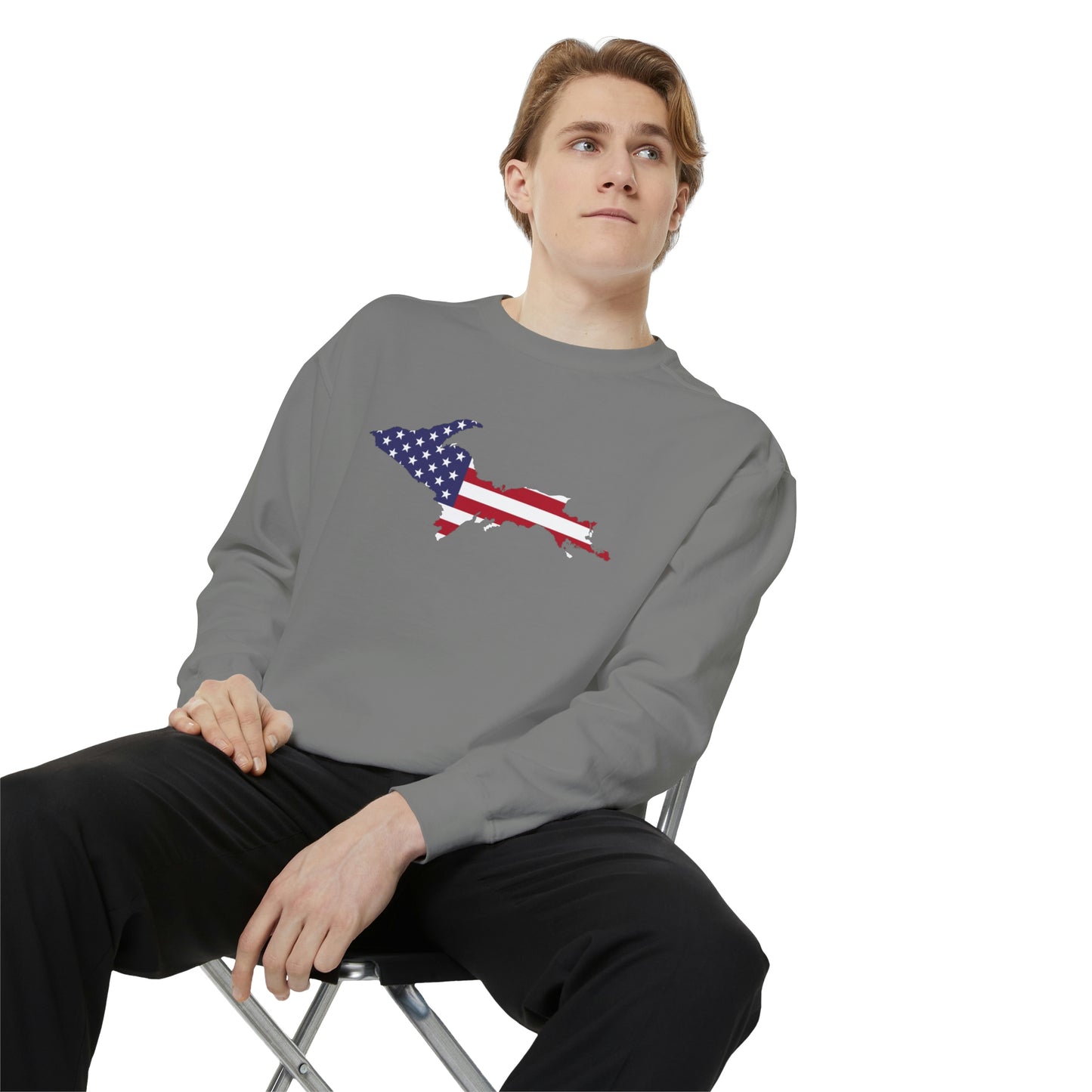 Michigan Upper Peninsula Sweatshirt (w/ UP USA Flag Outline) | Unisex Garment Dyed