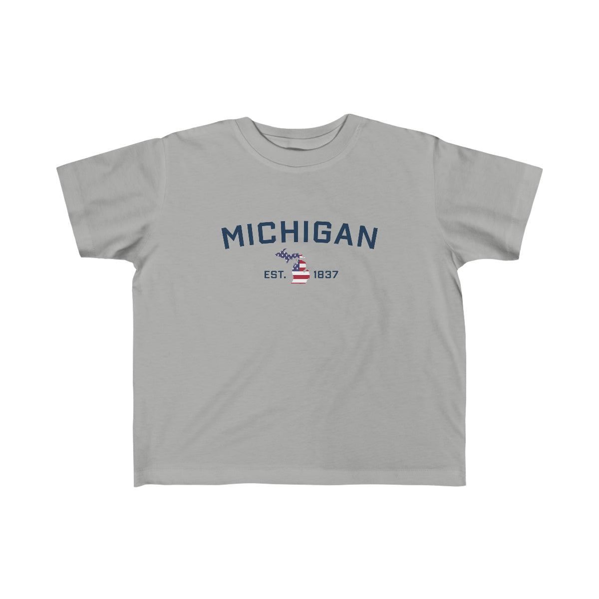 'Michigan EST 1837' T-Shirt  (w/ MI USA Flag Outline) | Toddler Short Sleeve - Circumspice Michigan