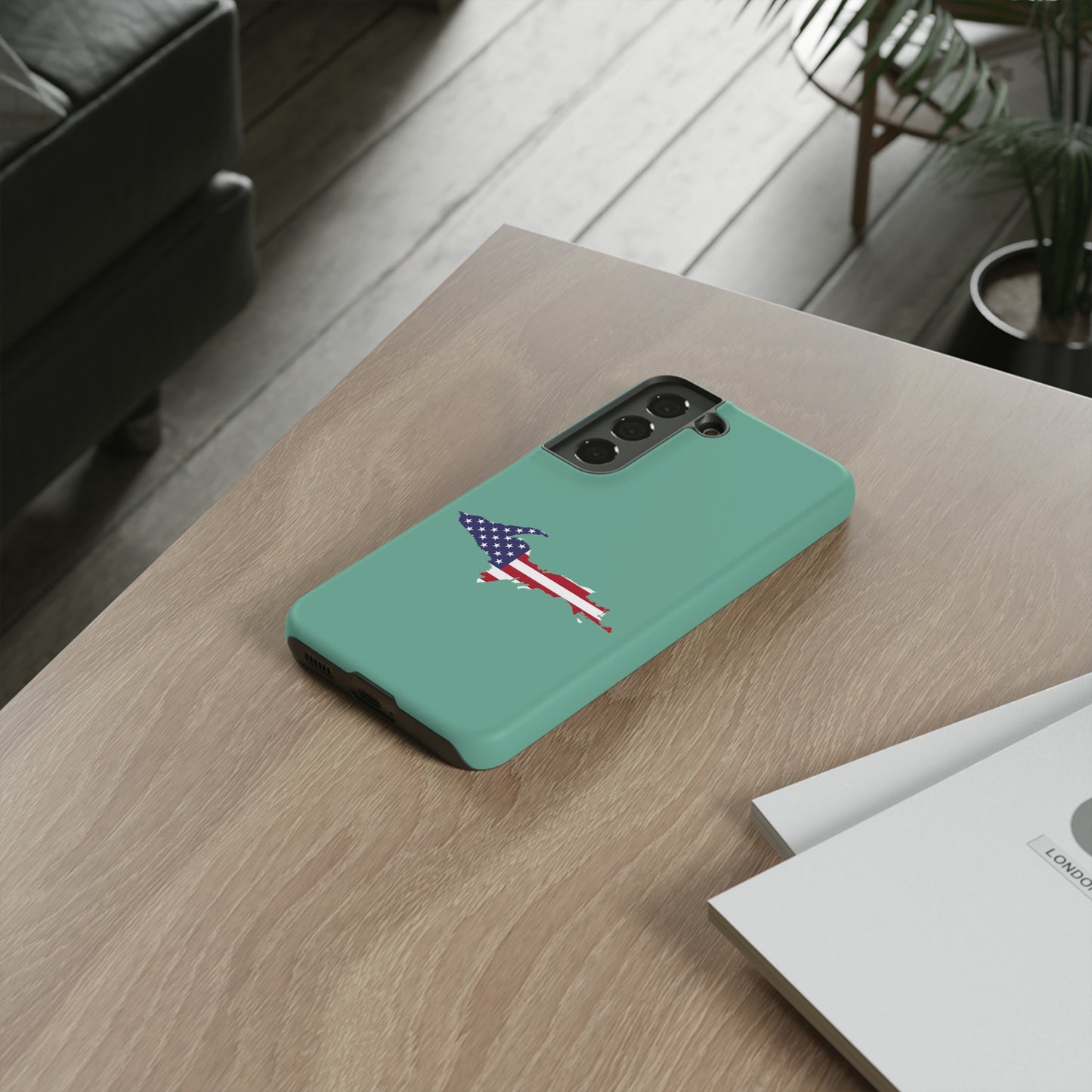 Michigan Upper Peninsula Tough Phone Case ('64 Metallic Mint Green w/ UP USA Flag Outline) | Samsung & Pixel Android