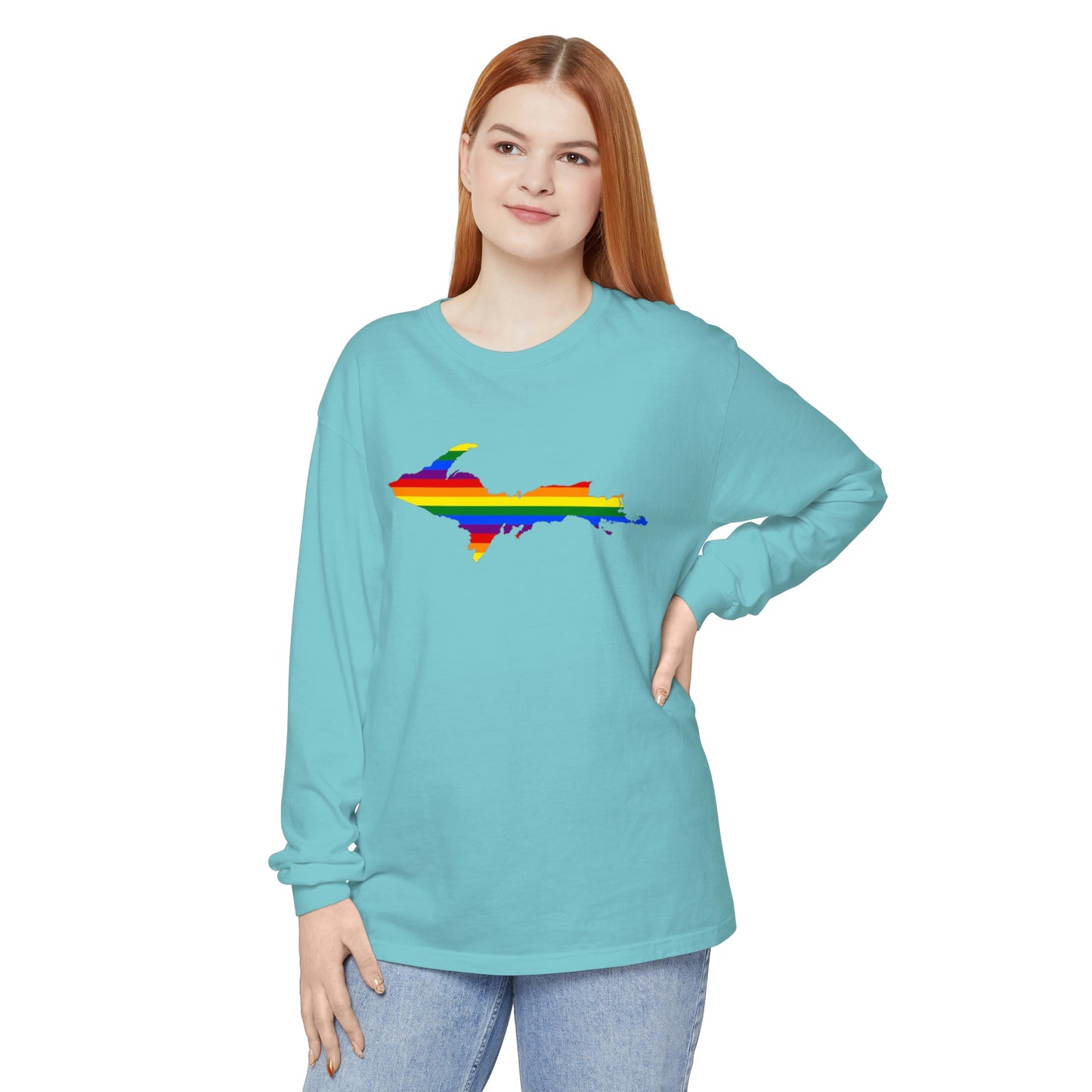 Michigan Upper Peninsula Garment-Dyed T-Shirt (w/ UP Pride Flag Outline) | Unisex Long Sleeve