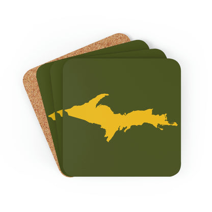 Michigan Upper Peninsula Coaster Set (Army Green w/ Gold UP Outline) | Corkwood - 4 pack