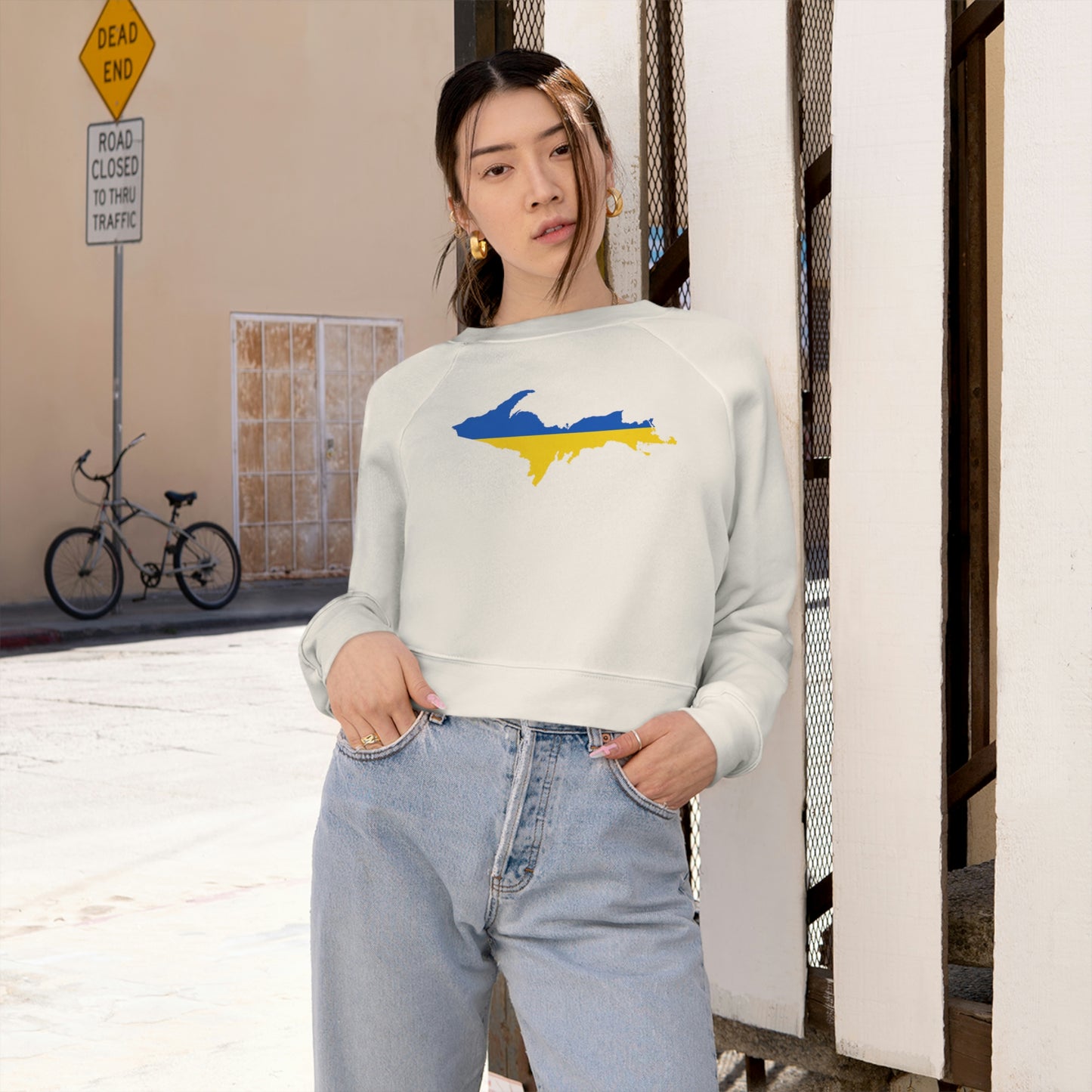 Michigan Upper Peninsula Sweatshirt (w/ UP Ukraine Flag Outline) | Cropped Mid-Length