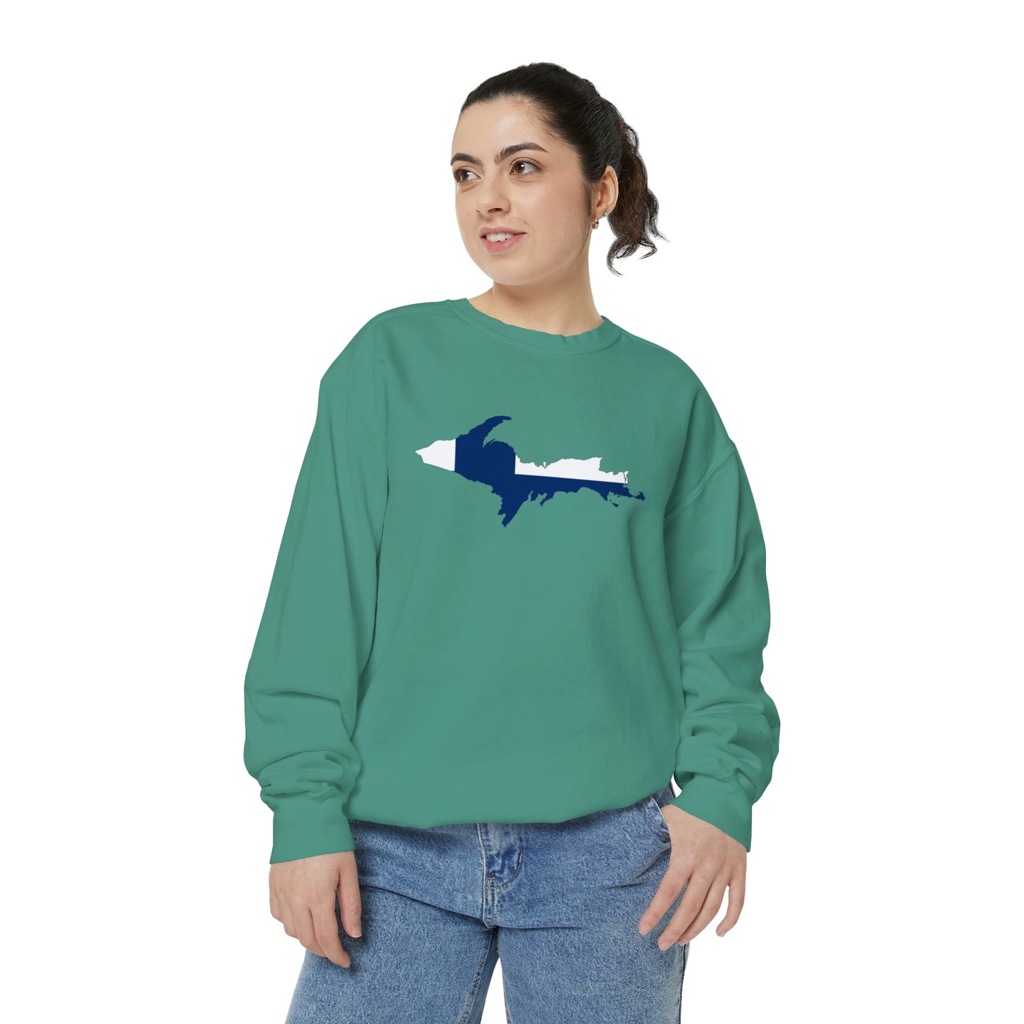 Michigan Upper Peninsula Sweatshirt (w/ UP Finland Flag Outline) | Unisex Garment Dyed