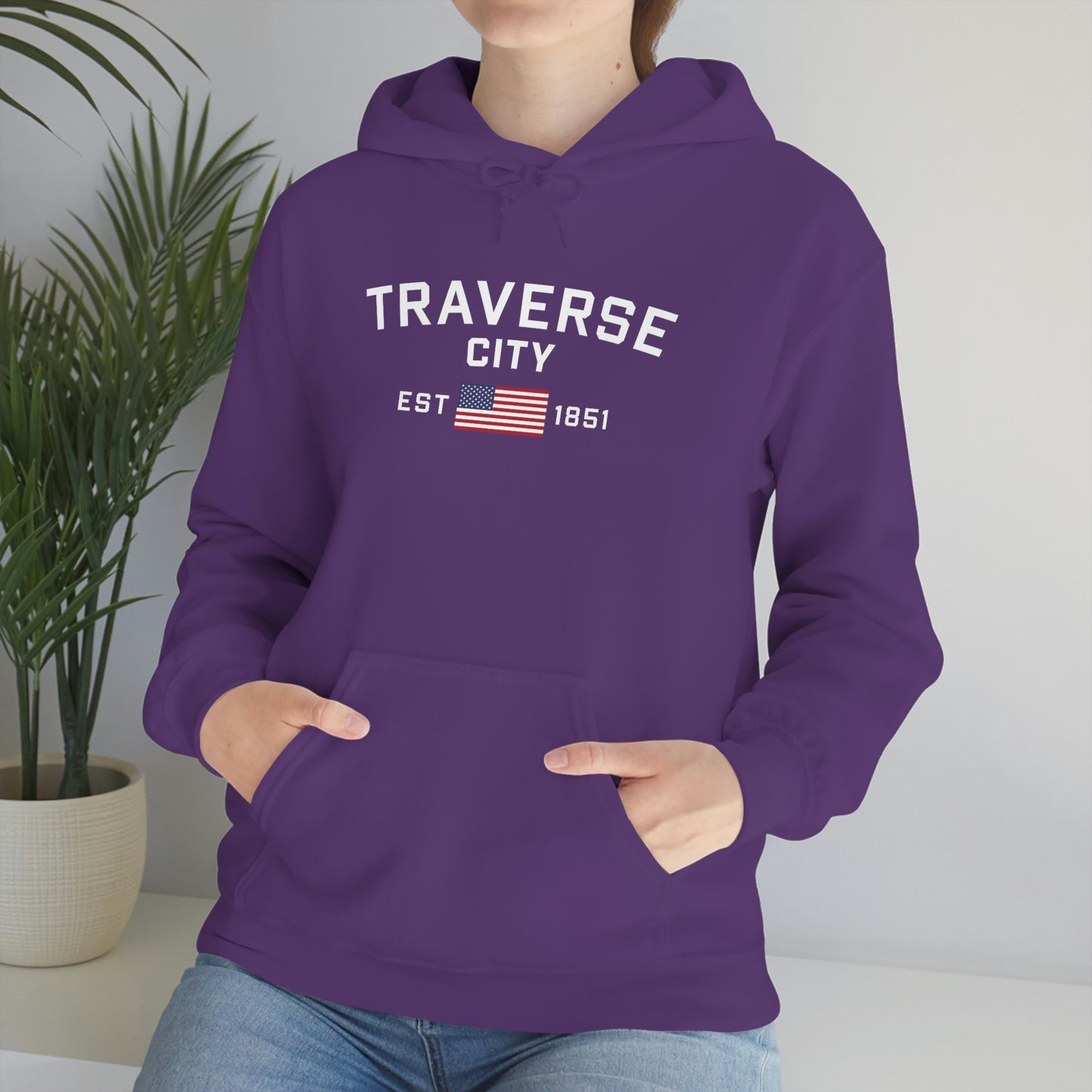 'Traverse City EST 1851' Hoodie (w/USA Flag Outline) | Unisex Standard