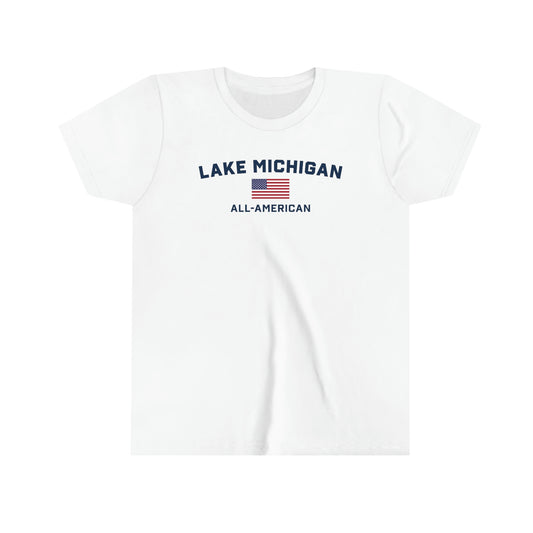 'Lake Michigan All-American' T-Shirt (w/USA Flag Outline) | Youth Short Sleeve