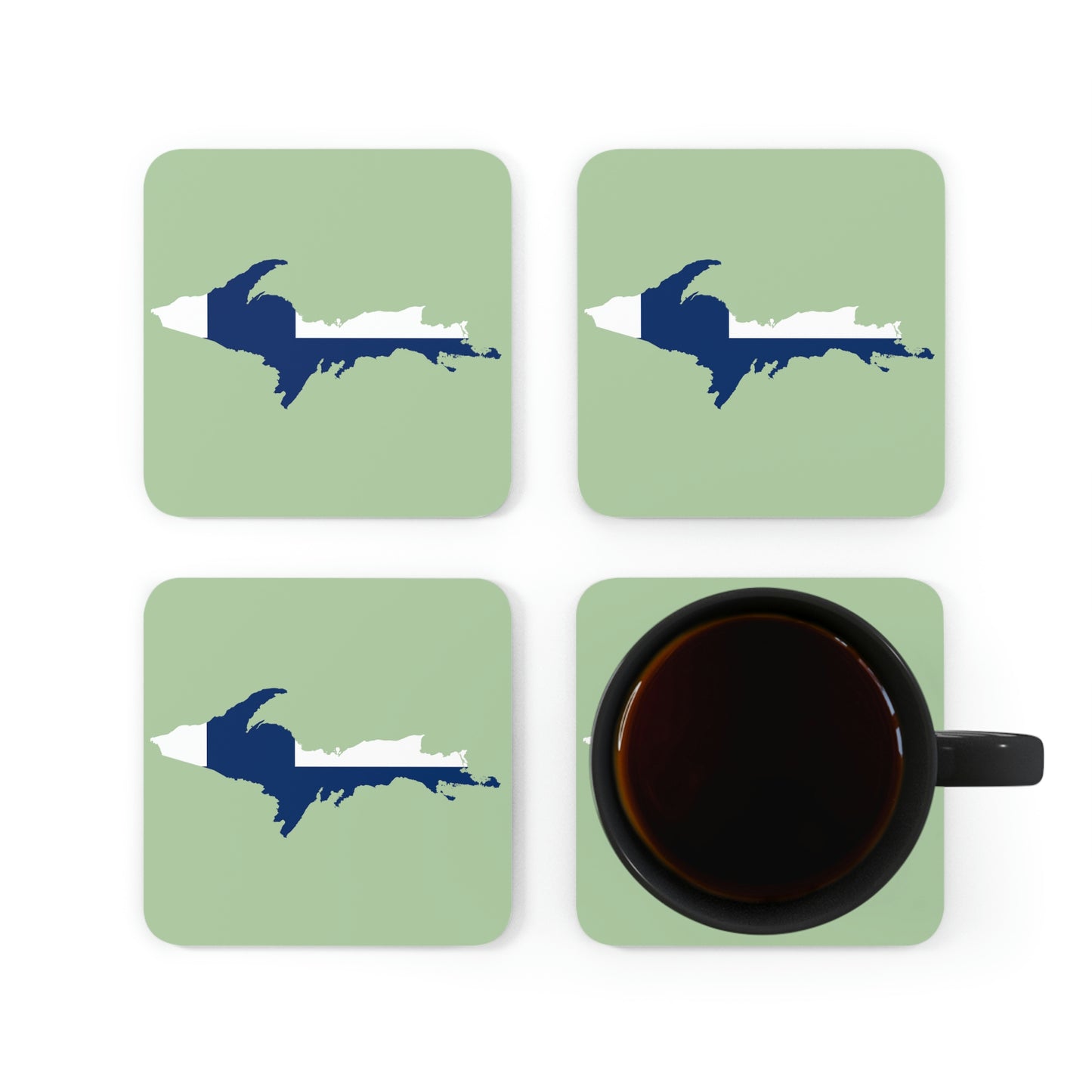 Michigan Upper Peninsula Coaster Set (Green Tea Color w/ UP Ukraine Flag Outline) | Corkwood - 4 pack