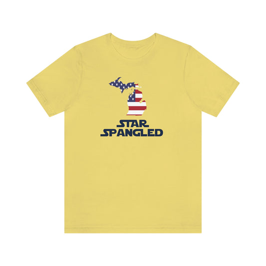 Michigan 'Star Spangled' T-Shirt (Epic Sci Fi Font w/ MI USA Flag Outline) | Unisex Standard Fit