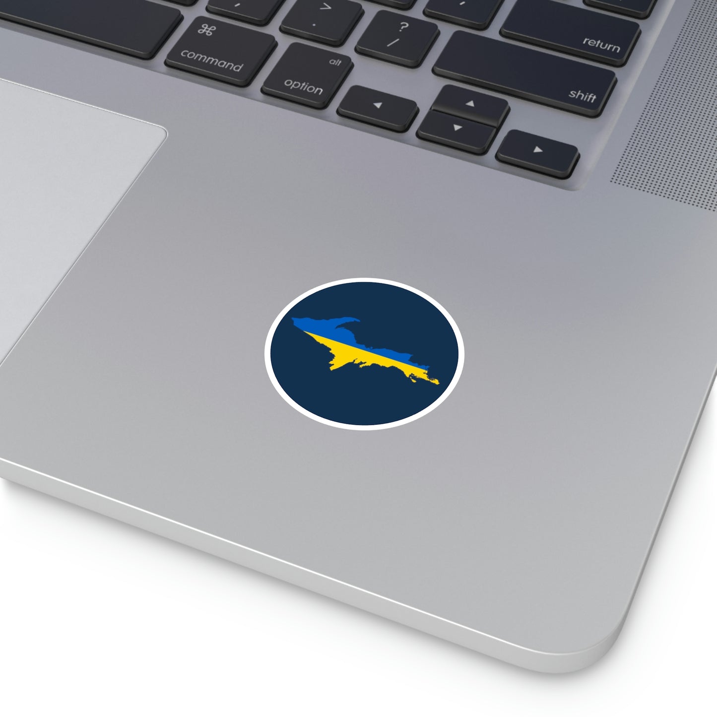 Michigan Upper Peninsula Round Stickers (Navy w/ UP Ukraine Flag Outline) | Indoor\Outdoor