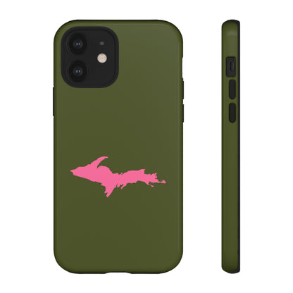 Michigan Upper Peninsula Tough Phone Case (Army Green w/ Pink UP Outline) | Apple iPhone